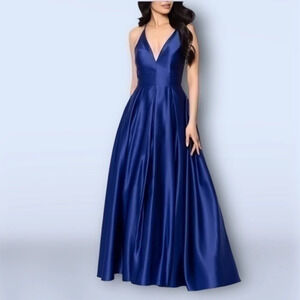 Blondie Nites Juniors V-Neck Satin Ball Gown COLOR Royal  SIZE 1 Formal Prom